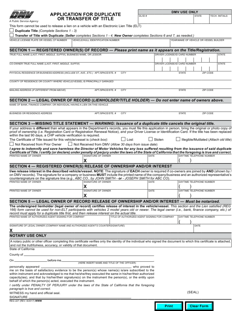 Form REG227 Download Fillable PDF Or Fill Online Application For 