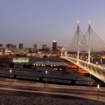 Johannesburg skyline with Nelson Mandela Bridge in the foreground.