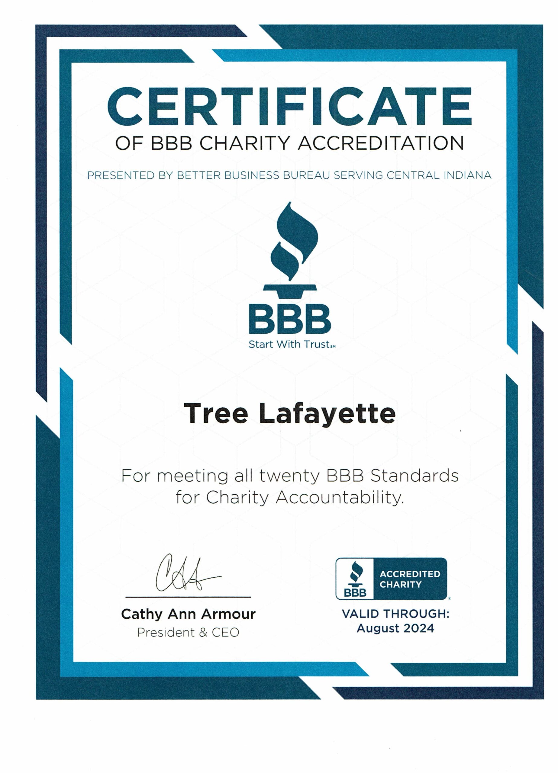 Better Business Accreditation Certificate for Tree Lafayette