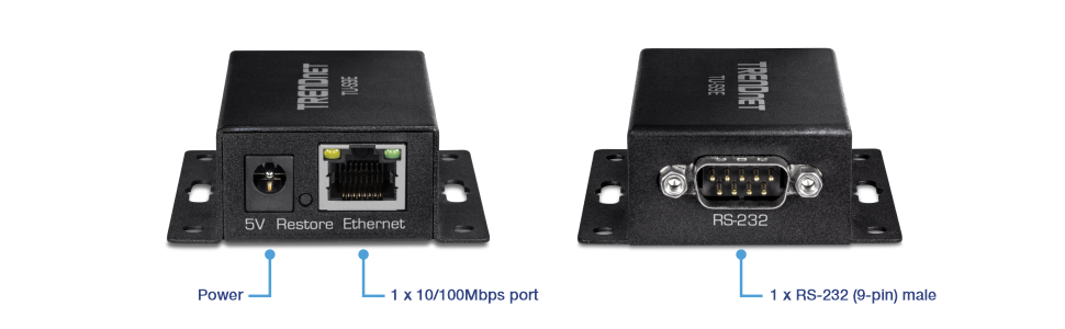 The image shows a TRENDnet TU-S9 USB to Serial Converter, detailing both its front and back views. The front view includes a 5V power port, a restore button, and an ethernet port (1 x 10 100mbps). the back view features rs-232 (9-pin) male port, highlighting its capability to convert usb signals serial signals, which is useful for connecting modern computers older devices.