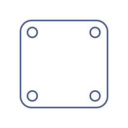 Geometric drawing of a square with rounded corners, featuring circles at each corner. The straight lines connecting the circles suggest the sides of the square, which resemble a metal plate.