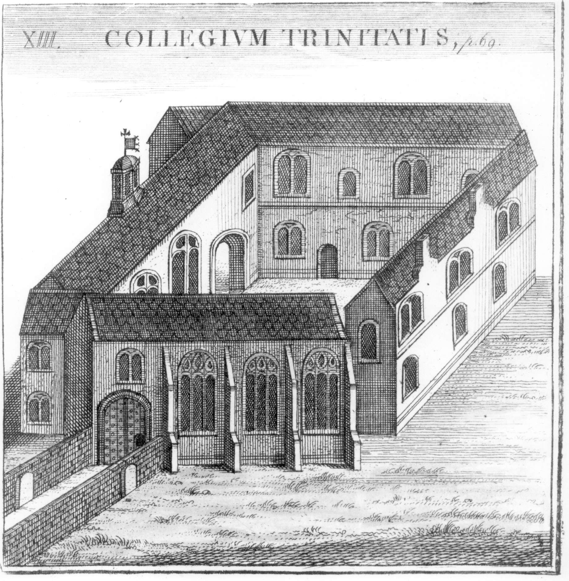 John Bereblock’s 1566 engraving of the Durham Quadrangle showing the medieval Hall on the left.