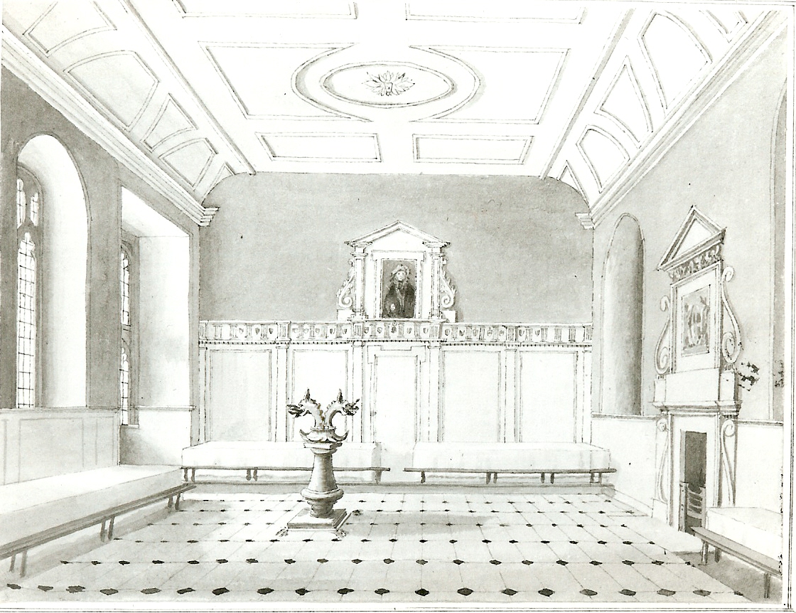 a pen and wash drawing of the Trinity Dining hall made by Dawson Warren in 1801