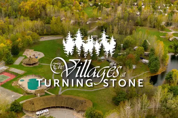 Aerial shot of The Villages RV resort showing pool, basketball, tennis, and recreation courts