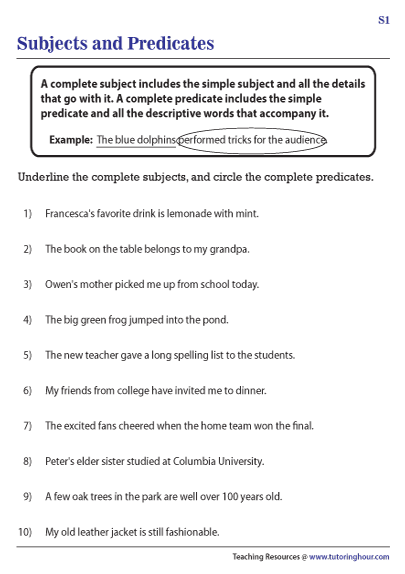 Identifying Subjects And Predicates Worksheet