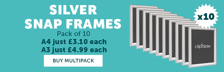 multipack of 10 silver a4 snap frames