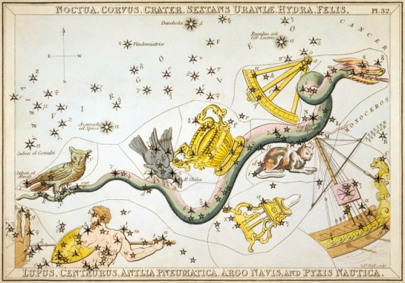 Corvus, Crater and other constellations seen around Hydra. From Urania's Mirror (1825). Credit: US Library of Congress