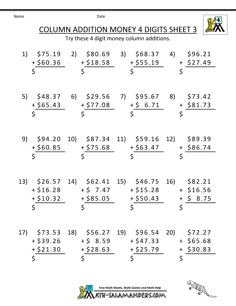 10+ 4 Digit Addition – Worksheets Samples