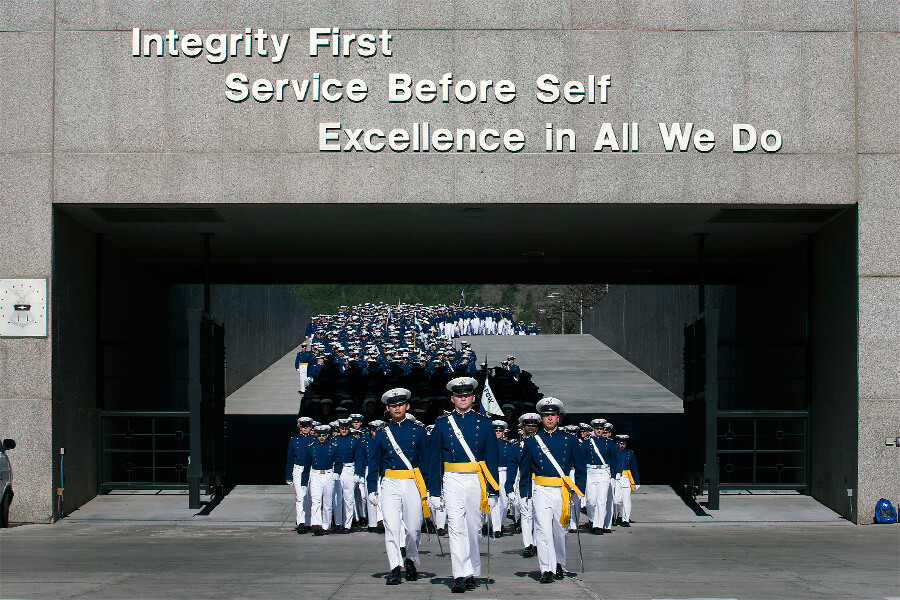 Images of Cadets  marching down the Core Values Ramp.