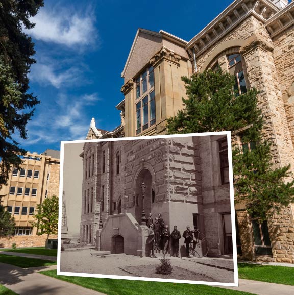 Historic shot of the first group of UW faculty in 1891 in front of the current day Old Main