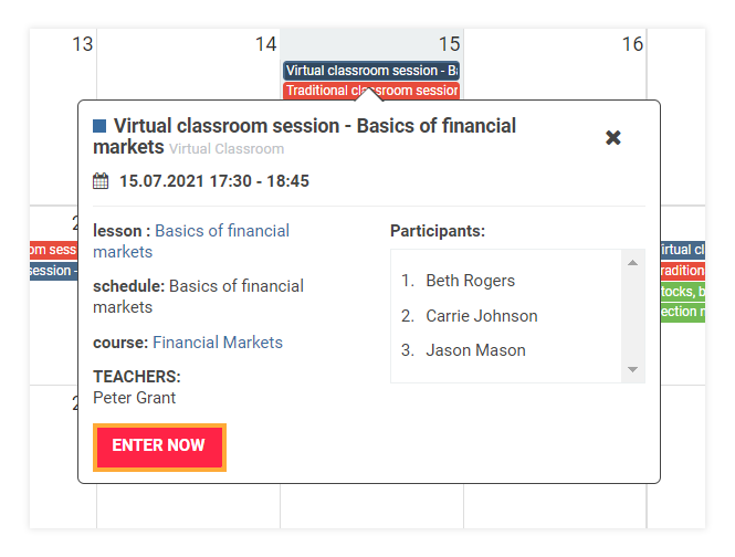 LMS Dashboard: You can enter a Virtual session directly from your LMS Dashboard (teacher's point of view)