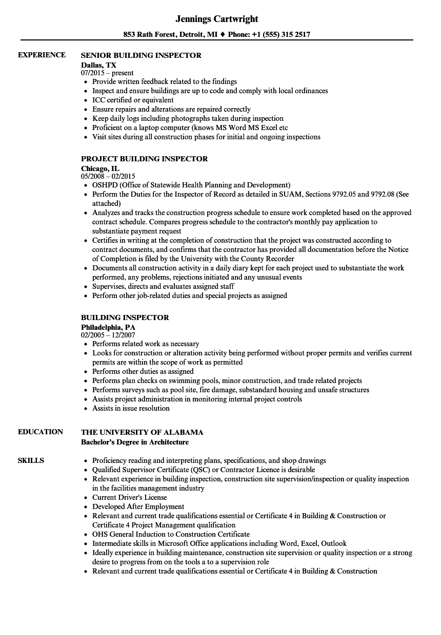 Construction Inspector Resume Sample