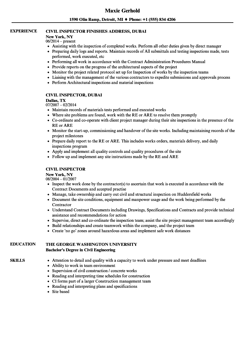 Construction Inspector Resume Sample