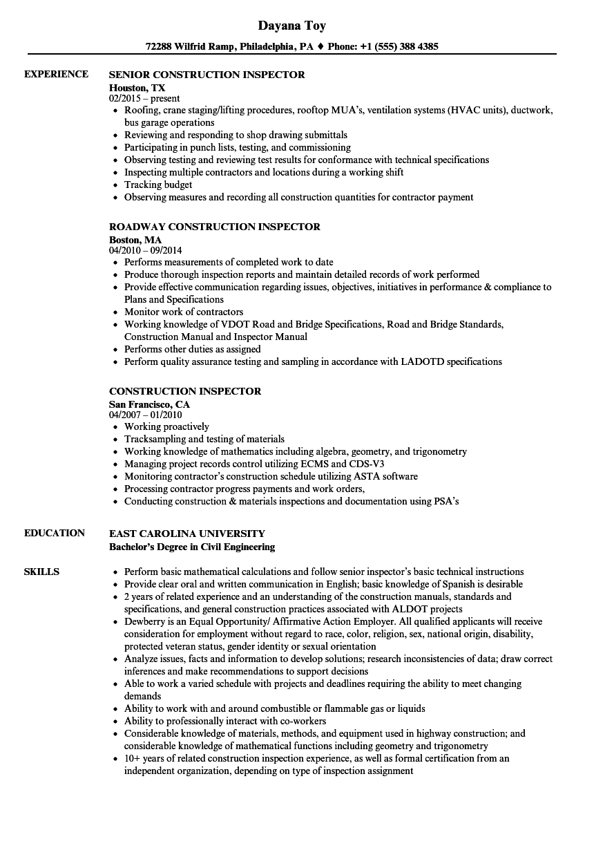 Construction Inspector Resume Sample