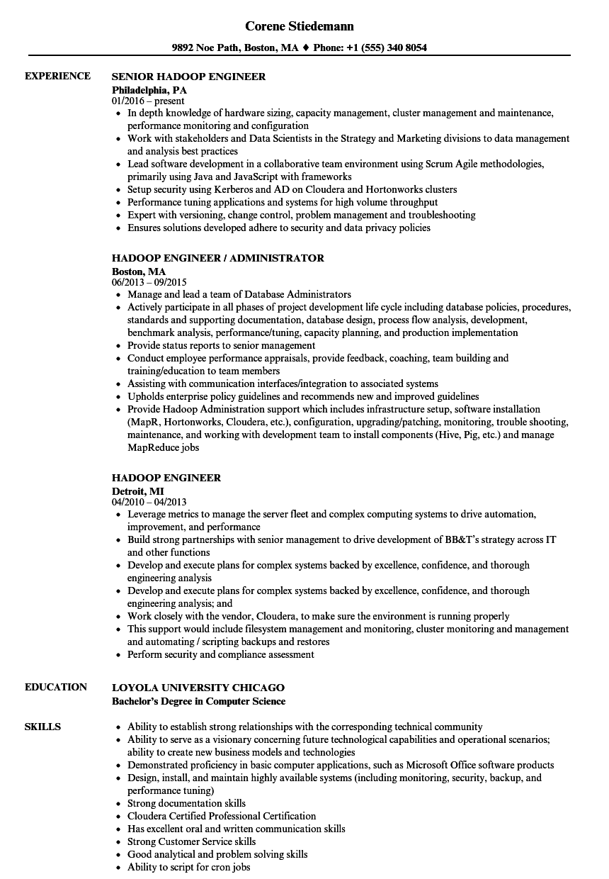 Hadoop Engineer Resume Samples | Velvet Jobs