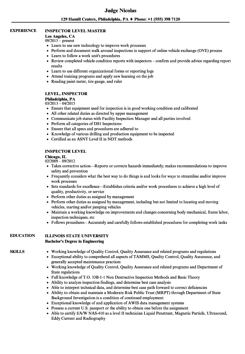 Construction Inspector Resume Sample