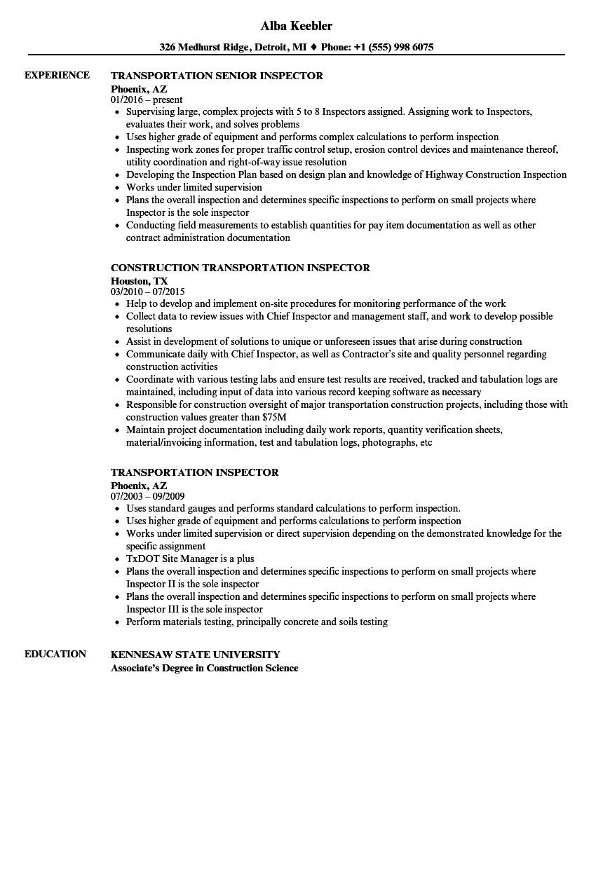 Construction Inspector Resume Sample