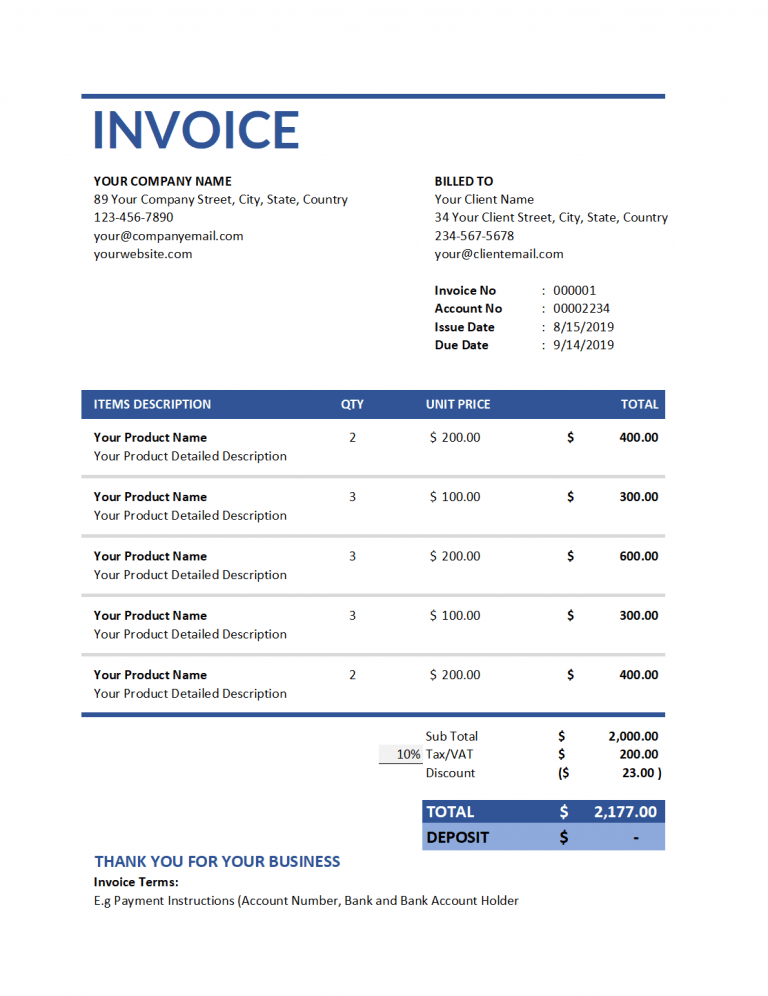 Standard Invoice Template Excel