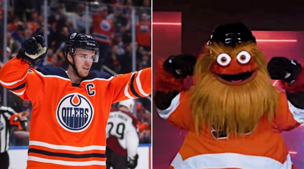 The NHL's two biggest stars, Edmonton's Connor McDavid and Flyers mascot Gritty.