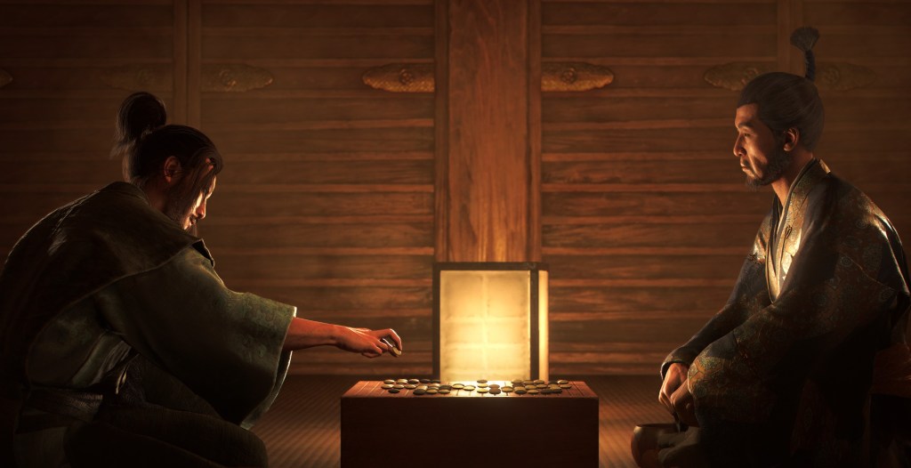 Two characters discussing over a game of GO in Assassin's Creed Shadows