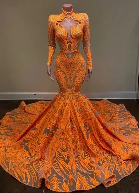 DarIing Geometric Long Sleeve Orange Sequin Prom Dress