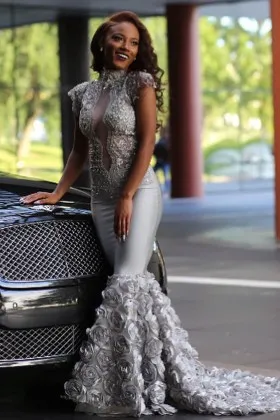 illusion beaded silver lace 3d rosette mermaid prom dress