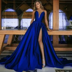 Simple yet sexy royal blue satin high slit prom dress