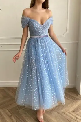 Fancy blue glitter heart tulle ankle length party dress