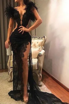 sexy stylish black lace feather slit sheer prom dress