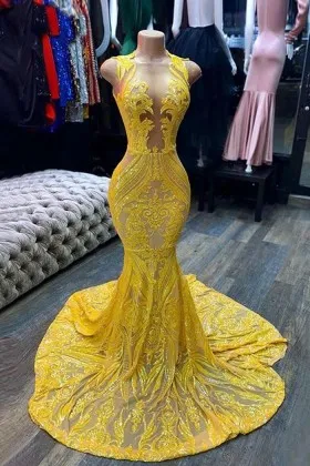 sparkly bright yellow sequin plunging neck prom dress