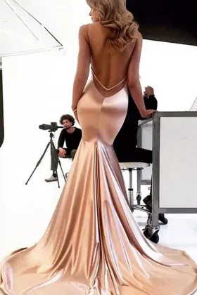 sexy low back rose gold sleek satin mermaid prom dress