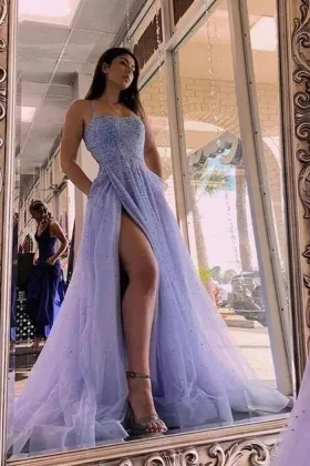 beaded lavender tulle sexy strap back high slit prom dress