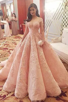 Floral lace appliqued peach pink off the shoulder bridal ball gown