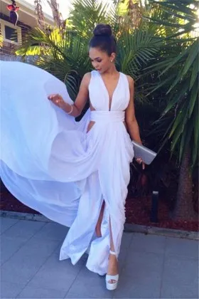 Sexy white chiffon plunging neckline cutout thigh high slit draped sheath prom gown