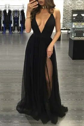 Sexy black tulle plunging V neckline thigh high slit prom dress with spaghetti straps