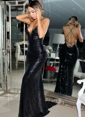 sexy shiny black sequin strap back long prom dress