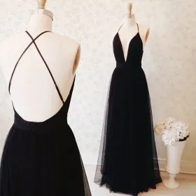 Simple yet sexy black tulle backless plunging neckline A line long prom dress