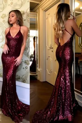 Sparkly burgundy sequin low back with spaghetti straps mermaid long prom dress