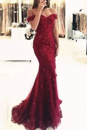 Elegant off the shoulder beaded dark red lace and tulle mermaid prom dress