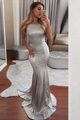 Feminine silver satin slim fit mermaid backless long prom formal dress