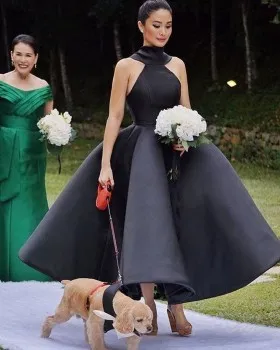 Unique halter neckline black satin tea length ball gown bridesmaid dress