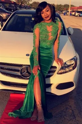 Unique green lace and velvet mermaid African American prom dress