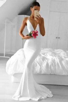 plunging V neckline with straps white mermaid long prom dress