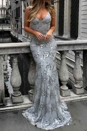 Silver sequins appliqued gray mermaid long prom dress