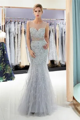 beads rhinestones embellished feather grey prom dress