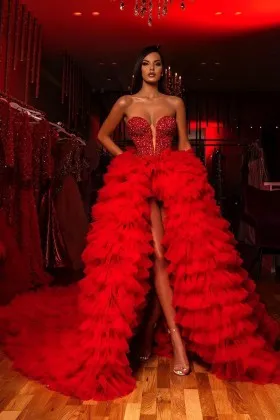 sexy red beaded bodice tiered tulle slit long prom gown