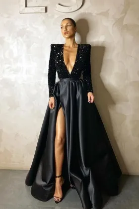 Sparkly black sequin with high slit satin prom dress