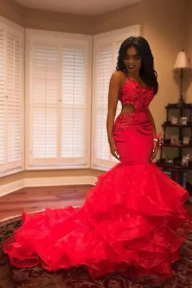 Gorgeous red cut out prom dress with tiered long train