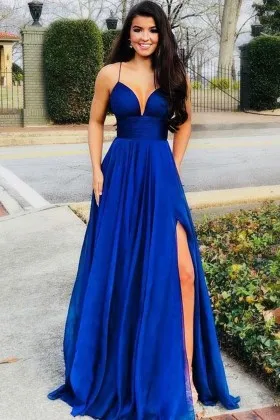 Royal blue simple A line long split evening prom dress