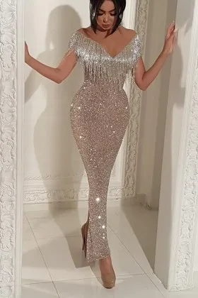 Luxury silver glitter tassel slim long evening dress